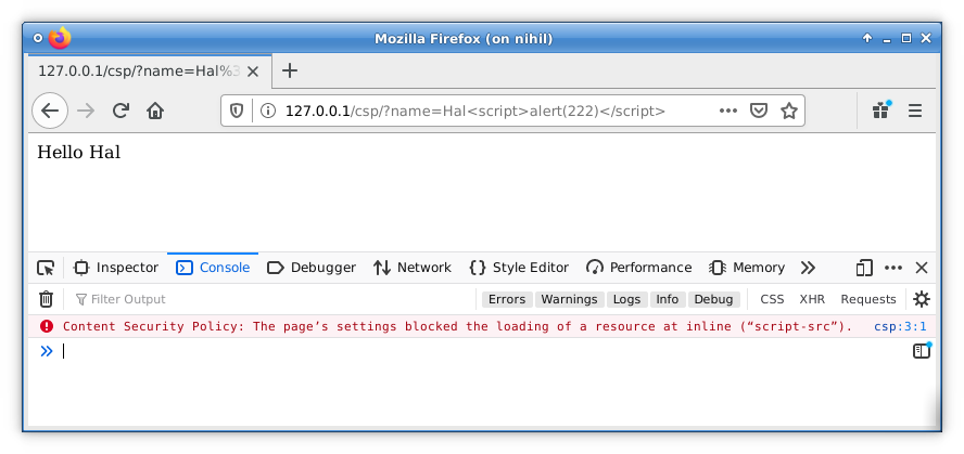 Screen Shot of XSS Payload Blocked by CSP